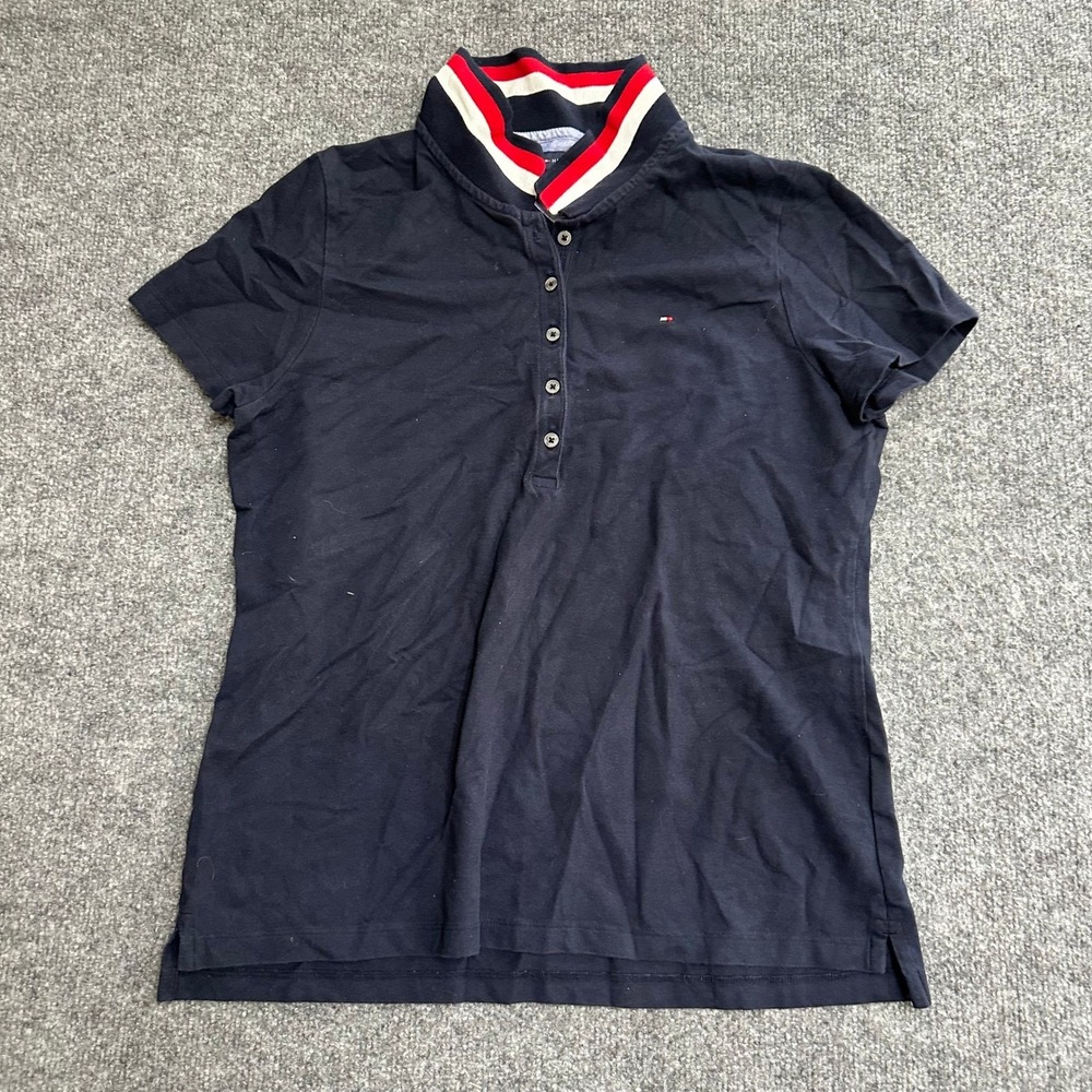 Tommy Hilfiger Polo Womens Size L Blue Striped Collar Short Sleeve Preppy Shirt